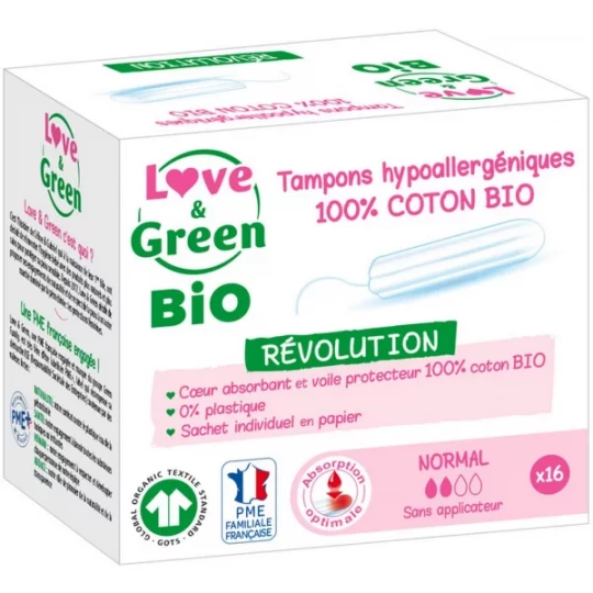 Love & Green Tampons Hypoallergéniques 100% Coton Bio Tampons Normal Sans Applicateur x 16