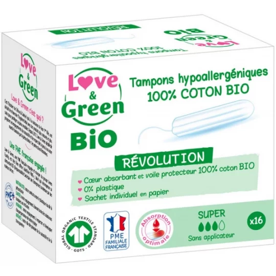 Love & Green Tampons Hypoallergéniques 100% Coton Bio Tampons Super Sans Applicateur x 16