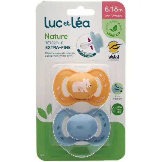 Luc et Léa Nature 2 Sucettes Anatomiques Téterelle Extra-Fine 6-18 Mois - Modèle : Jaune Ours et Bleu