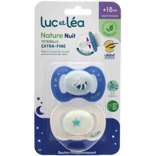 Luc et Léa Nature Nuit 2 Sucettes Anatomiques Téterelle Extra-Fine 18+ Mois