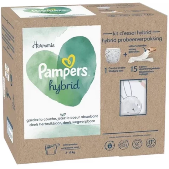 Pampers Harmonie Hybrid Kit 1 Couche Lavable (3-16 kg) + 15 Cœurs Absorbants Jetables