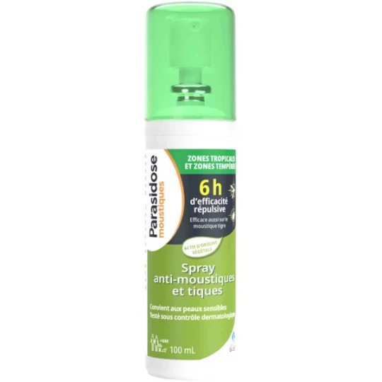 Parasidose Moustiques Zone Tropicale et Zone Tempérée Spray Anti-Moustiques et Tiques 100 ml
