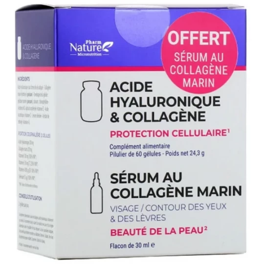 Pharm Nature Duo Acide Hyaluronique et Collagène Gélules x 60 + Sérum au Collagène Marin 30 ml Offert