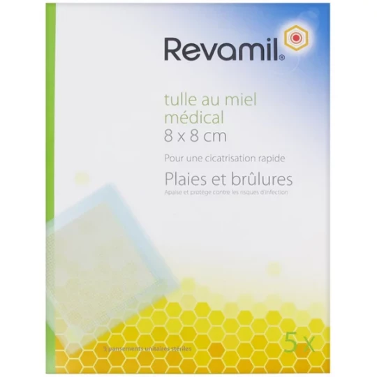 Revamil Tulle au Miel Médical Pansements Unitaires Stériles 8 cm x 8 cm x 5