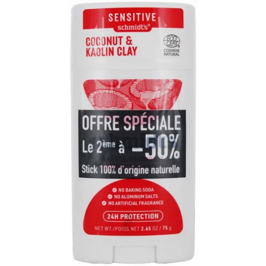 Schmidt s Sensitive Déodorant Stick Naturel Noix de Coco et Argile Kaolin 2 x 75 g