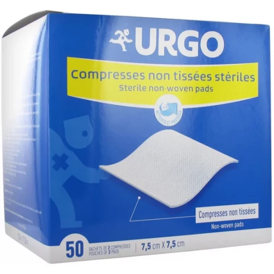 Urgo Compresses Stériles 7,5 x 7,5 cm Sachets de 2 Compresses Non Tissées x 50