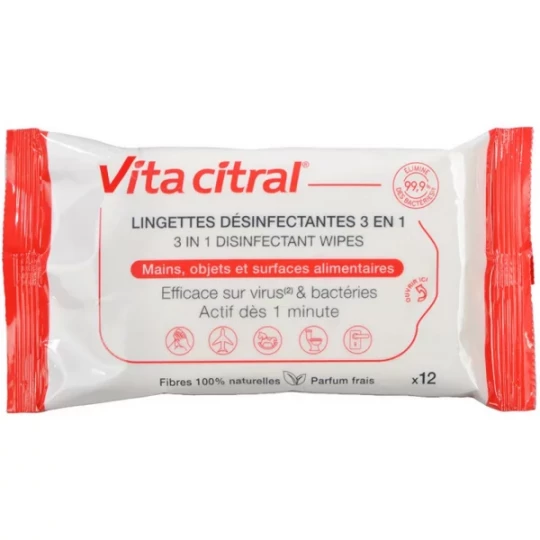 Vita Citral Lingettes Désinfectantes 3 en 1 Lingettes x 12