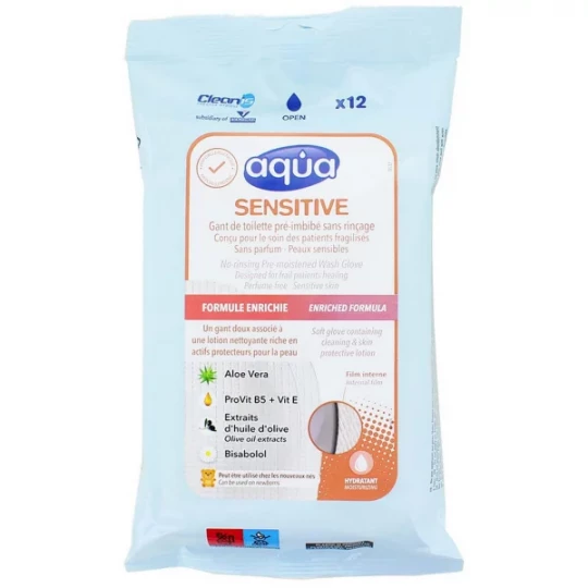 Cleanis Aqua Sensitive Gant de toilette Pré-Imbibé Peau Sensible x 12
