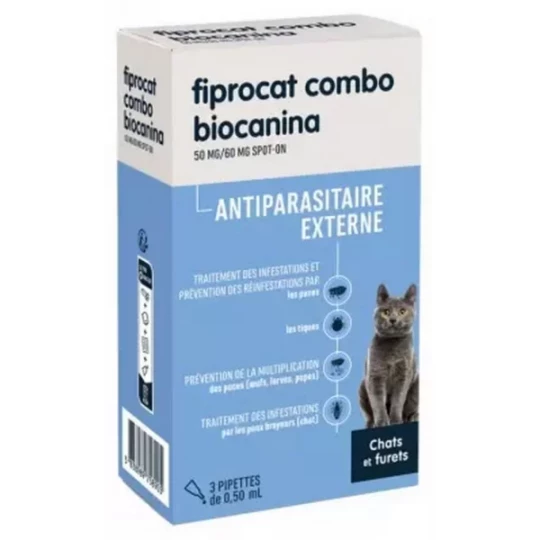 Biocanina Fiprocat Combo 50 mg Antiparasitaire Externe Chats et Furets Pipettes x 3