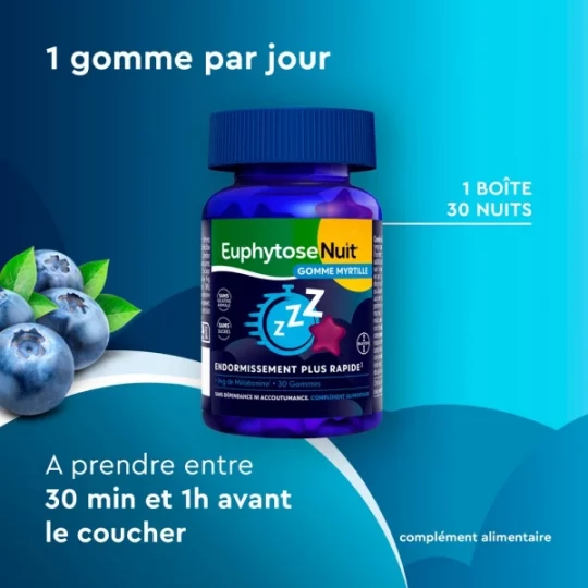 Euphytose Nuit Sommeil Mélatonine 1 mg Gommes Myrtille x 30 - image 4