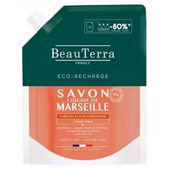BeauTerra Savon Liquide de Marseille Fleur d'Oranger Éco-Recharge 900 ml