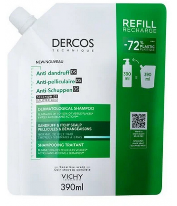 Vichy Dercos Shampooing Traitant Anti-Pelliculaire Cheveux Normaux à Gras Recharge 390 ml