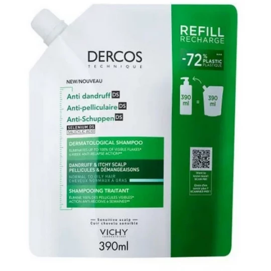 Vichy Dercos Shampooing Traitant Anti-Pelliculaire Cheveux Normaux à Gras Recharge 390 ml