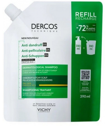 Vichy Dercos Shampooing Traitant Anti-Pelliculaire Cheveux Secs Recharge 390 ml