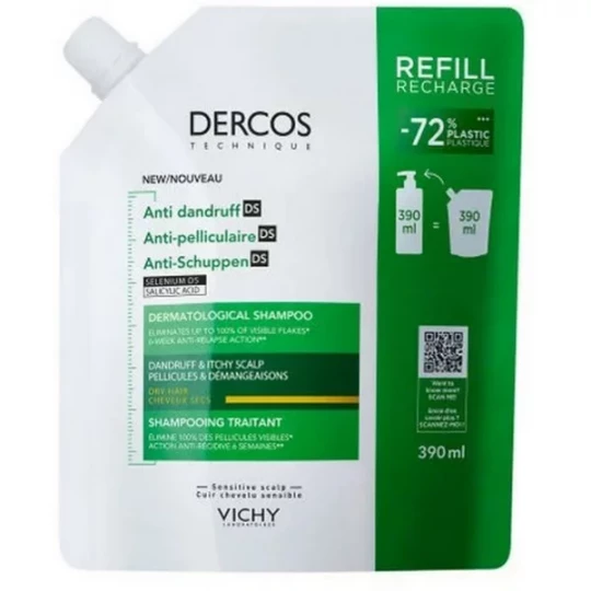 Vichy Dercos Shampooing Traitant Anti-Pelliculaire Cheveux Secs Recharge 390 ml