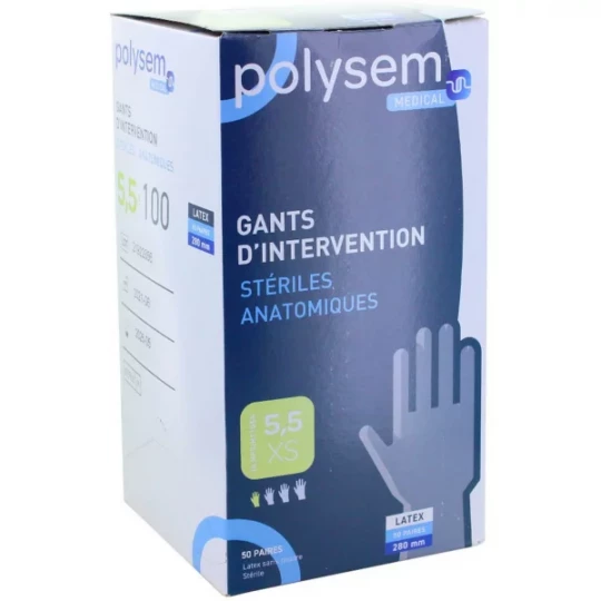 Polysem gants d'intervention latex non poudrés stériles 2 x 50