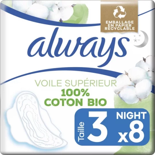 Always Cotton Protection Taille 3 Night Serviettes Hygiéniques x 8