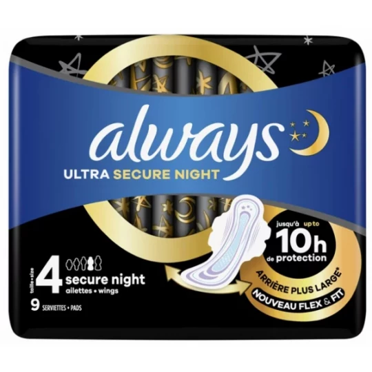 Always Ultra Secure Night Taille 4 Serviettes x 9