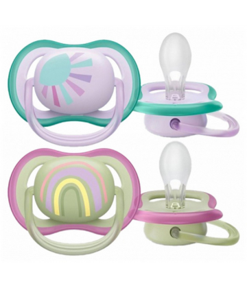 Avent Ultra Air 2 Sucettes Orthodontiques Silicone avec Motif 0-6 Mois - Modèle : Soleil et Arc-en-Ciel