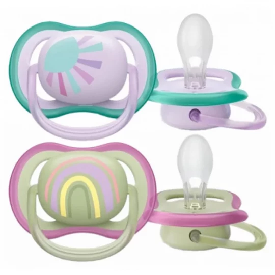 Avent Ultra Air 2 Sucettes Orthodontiques Silicone avec Motif 0-6 Mois - Modèle : Soleil et Arc-en-Ciel