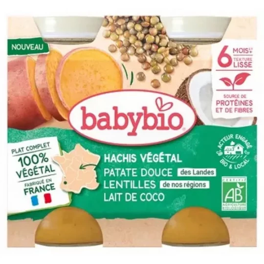 Babybio Hachis Végétal Patate Douce Lentilles Lait de Coco 6 Mois et + Bio Pots 200 g x 2