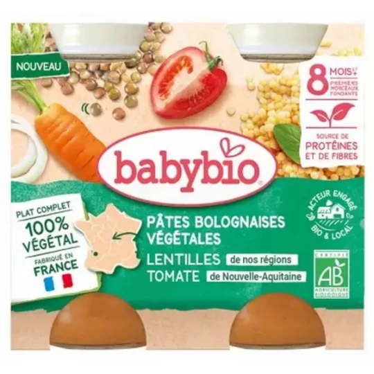 Babybio Pâtes Bolognaises Végétales Lentilles Tomate 8 Mois et + Bio Pots 200 g x 2