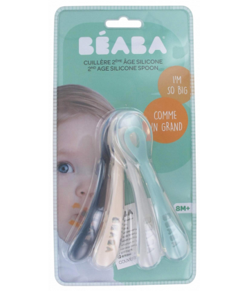 Béaba 4 Cuillères Silicone 2ème Âge 8 Mois et + - Couleur : Bleu Foncé, Blanc, Gris, Vert d'Eau