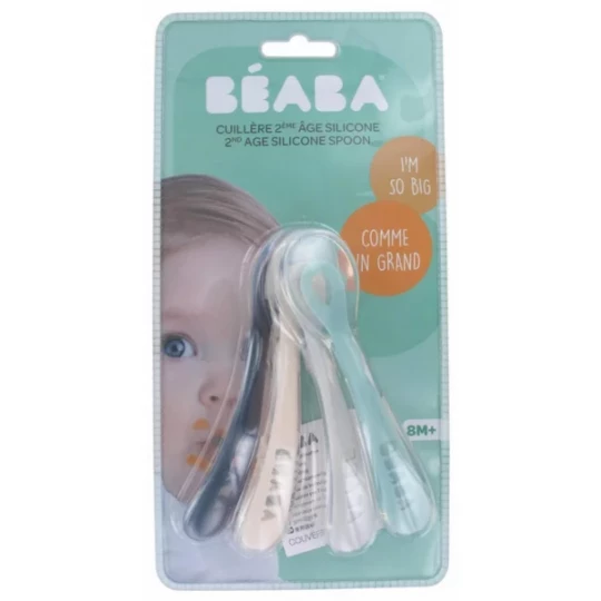 Béaba 4 Cuillères Silicone 2ème Âge 8 Mois et + - Couleur : Bleu Foncé, Blanc, Gris, Vert d'Eau
