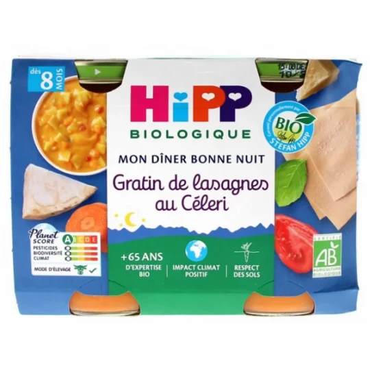 HiPP Mon Dîner Bonne Nuit Gratin de Lasagnes au Céleri dès 8 Mois Bio Pots x 2