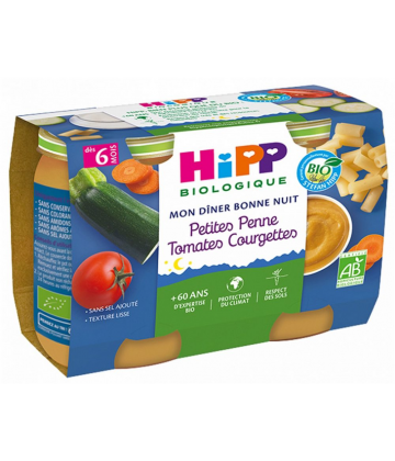 HiPP Mon Dîner Bonne Nuit Petites Penne Tomates Courgettes dès 6 Mois Bio Pots x 2