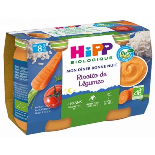 HiPP Mon Dîner Bonne Nuit Risotto de Légumes dès 8 Mois Bio Pots x 2