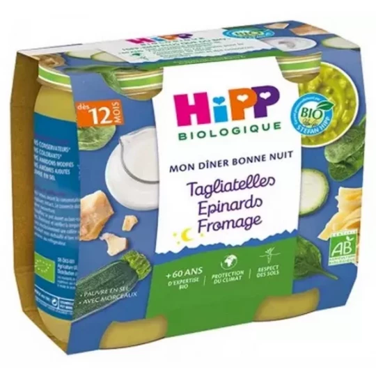 HiPP Mon Dîner Bonne Nuit Tagliatelles Épinards Fromage dès 12 Mois Bio Pots x 2