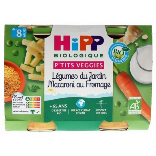 HiPP P tits Veggies Légumes du Jardin Macaroni au Fromage dès 8 Mois Bio Pots x 2