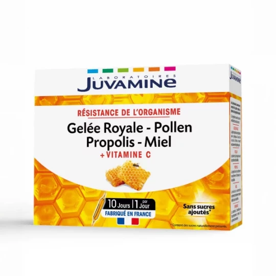 Juvamine Gelée Royale Pollen Propolis Miel + Vitamine C Ampoules x 10