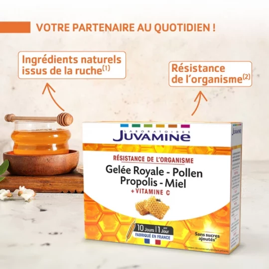 Juvamine Gelée Royale Pollen Propolis Miel + Vitamine C Ampoules x 10 - image 3