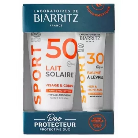 Laboratoires de Biarritz Sport Lait Solaire SPF50 Visage et Corps Bio 50 ml + Baume à Lèvres SPF30 Bio 15 ml