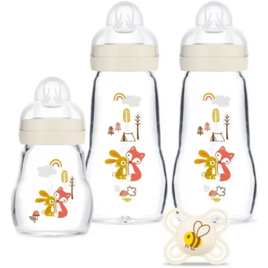 MAM 3 Biberons en Verre et 1 Sucette Mon Premier Coffret 0 Mois et + Modèle Lapin et Renard