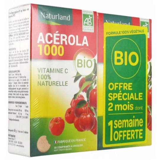Naturland Acerola Bio 1000 Comprimés à Croquer 2 x 30