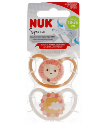 NUK Space 2 Sucettes Silicone 18-36 Mois - Modèle : Lion/Soleil