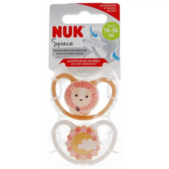 NUK Space 2 Sucettes Silicone 18-36 Mois - Modèle : Lion/Soleil