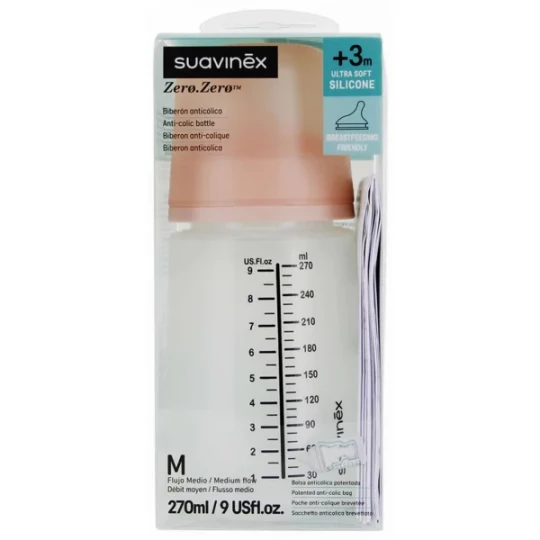 Suavinex Zero.Zero Biberon Anti-Colique Débit Moyen 3 Mois et + 270 ml