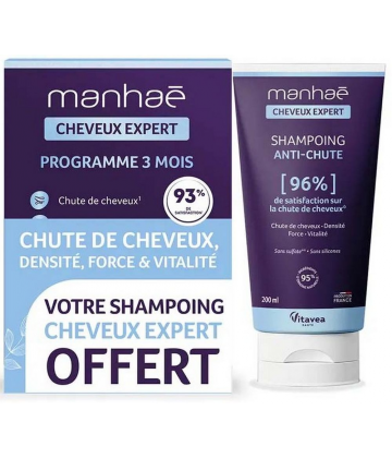 Manhaé Cheveux Expert Gélules x 120 + Cheveux Expert Shampoing Anti-Chute 200 ml Offert