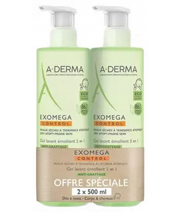 A-Derma Exomega Control Gel Lavant Émollient 2 en 1 Anti-Grattage 500 ml x 2