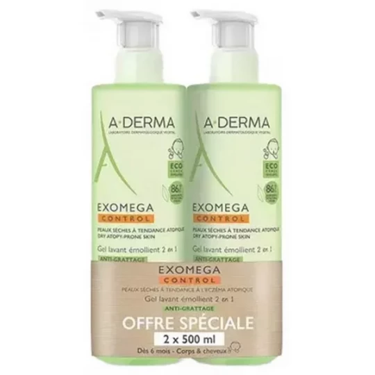 A-Derma Exomega Control Gel Lavant Émollient 2 en 1 Anti-Grattage 500 ml x 2