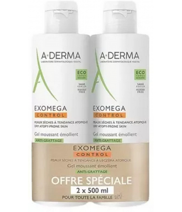 A-Derma Exomega Control Gel Moussant Émollient Anti-Grattage 500 ml x 2