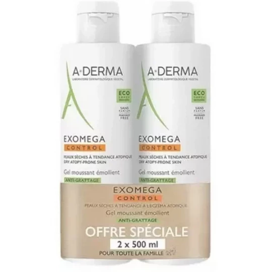A-Derma Exomega Control Gel Moussant Émollient Anti-Grattage 500 ml x 2