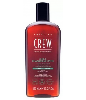 American Crew 3-En-1 Camomille et Pin Shampooing Après-Shampooing & Gel Douche pour Cheveux et Corps 450 ml
