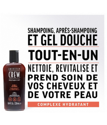 American Crew 3-En-1 Shampooing Après-Shampooing & Gel Douche pour Cheveux et Corps Revitalisant Hydratant et Apaisant 250 ml
