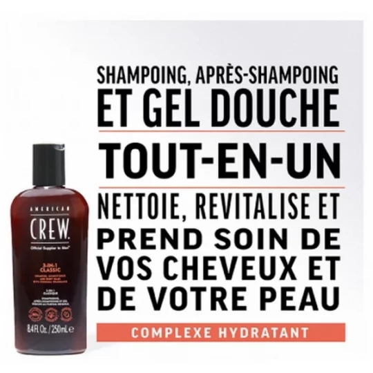 American Crew 3-En-1 Shampooing Après-Shampooing & Gel Douche pour Cheveux et Corps Revitalisant Hydratant et Apaisant 250 ml - image 3