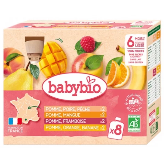 Babybio 100% Fruits 6 Mois et + Bio Gourdes 90 g x 8